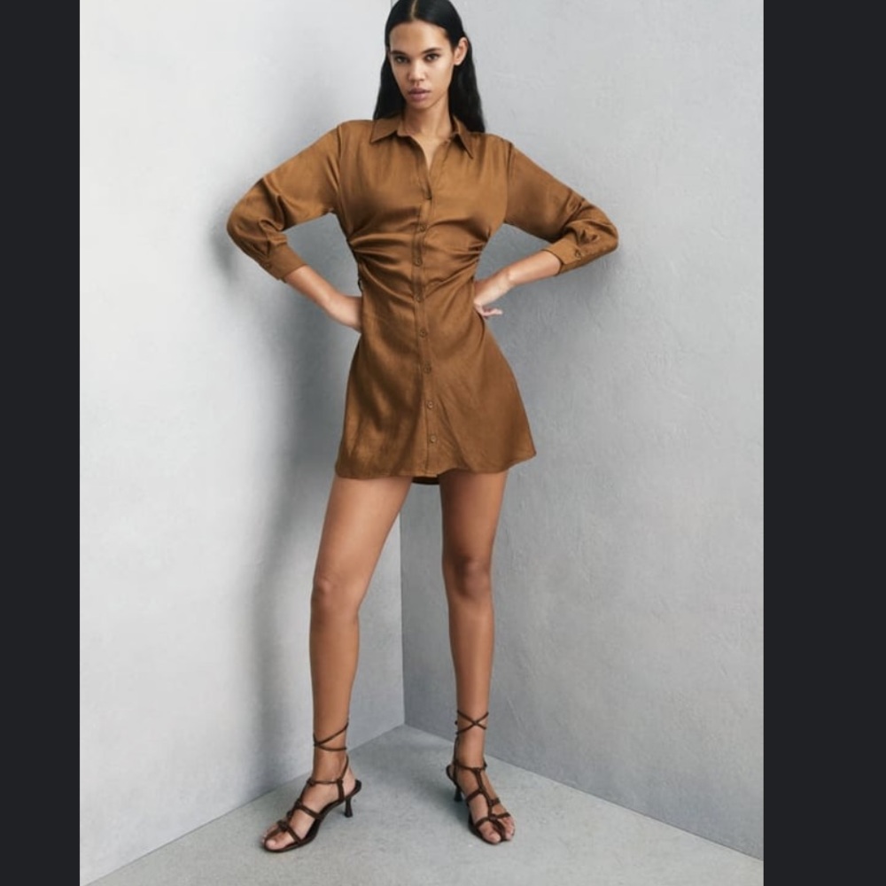 Zara Wrinkle Effect caramel mini dress NWT